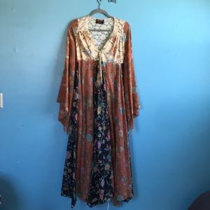 Vintage 70s Floral Maxi Dress Bell Sleeves, Full Skirt, Unlined